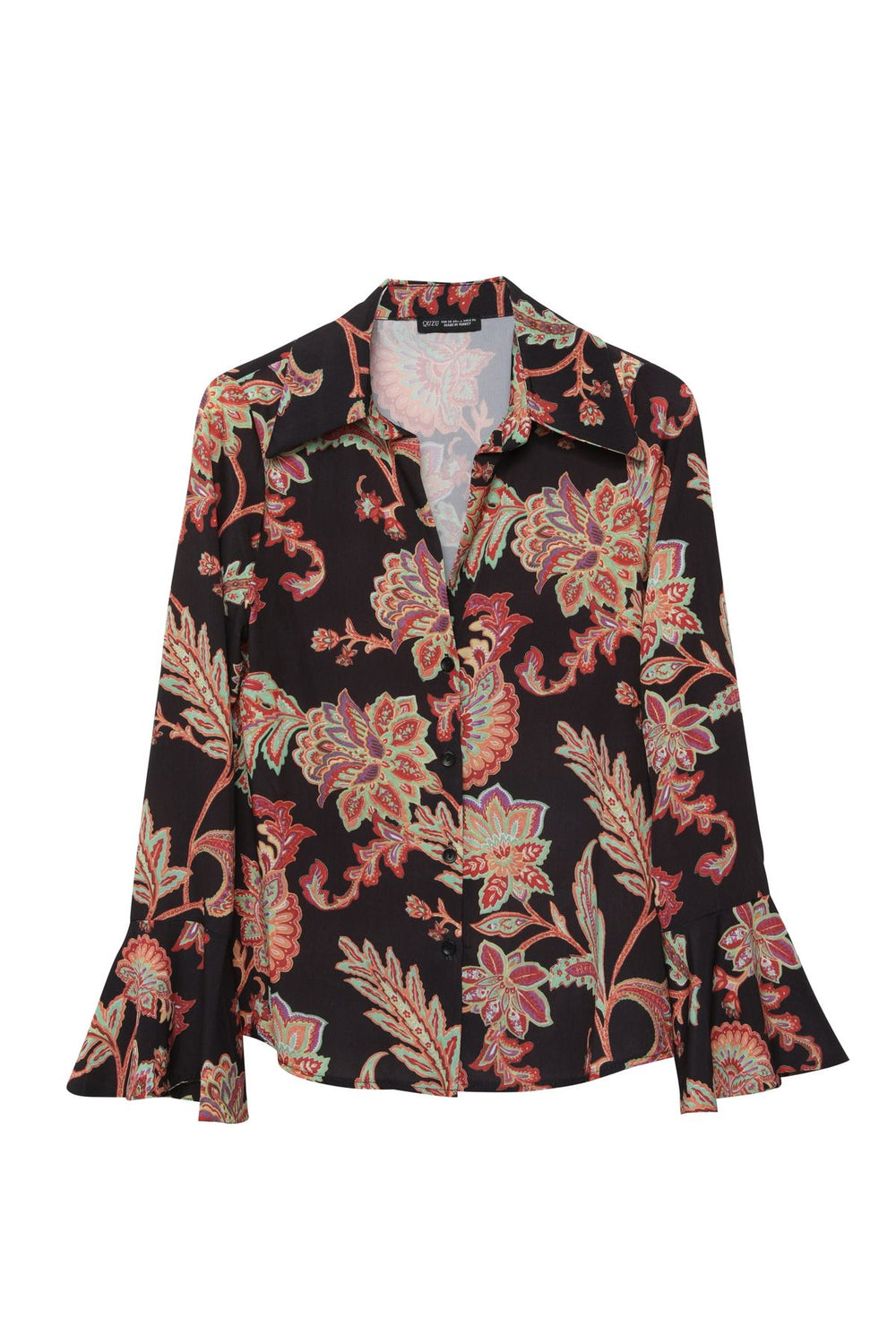 Ruffled Sleeves Patterned Shirt Black