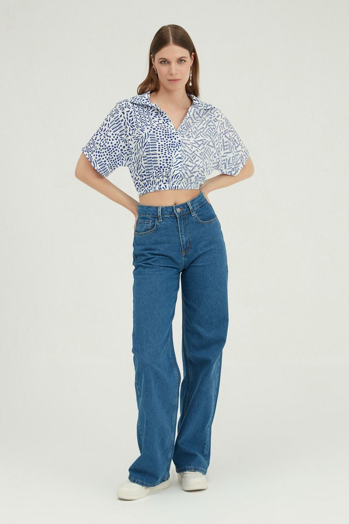 Patterned Crop Shirt Blue