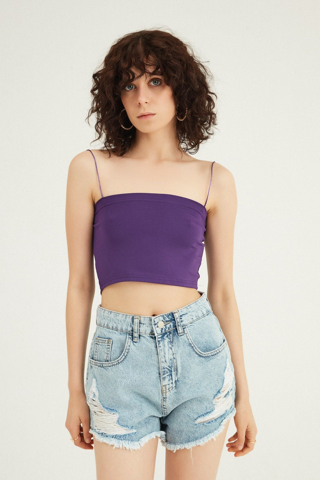 İp Askılı Crop Bluz Mor