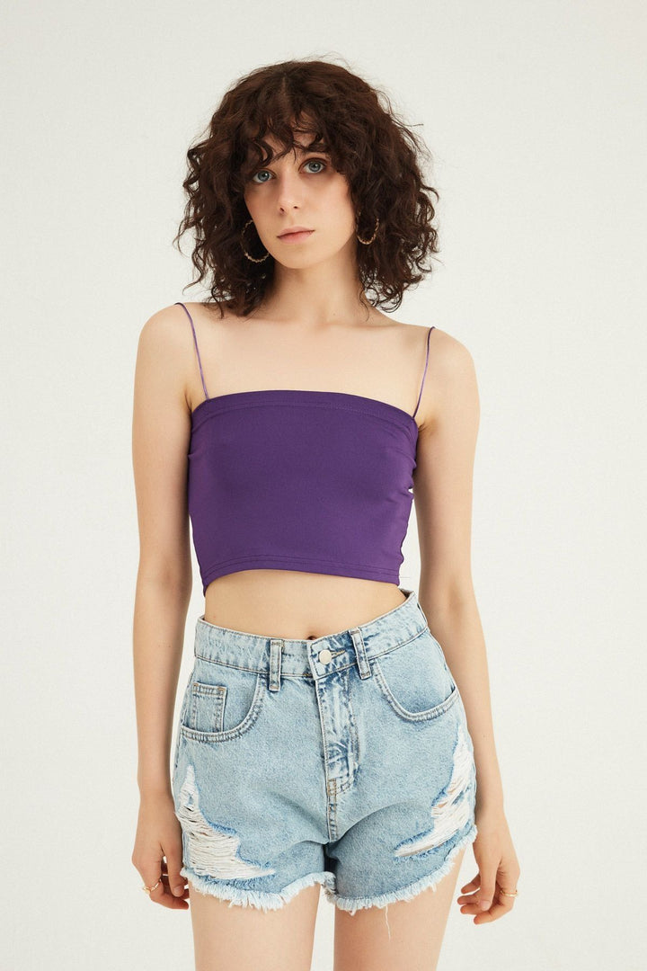 İp Askılı Crop Bluz Mor