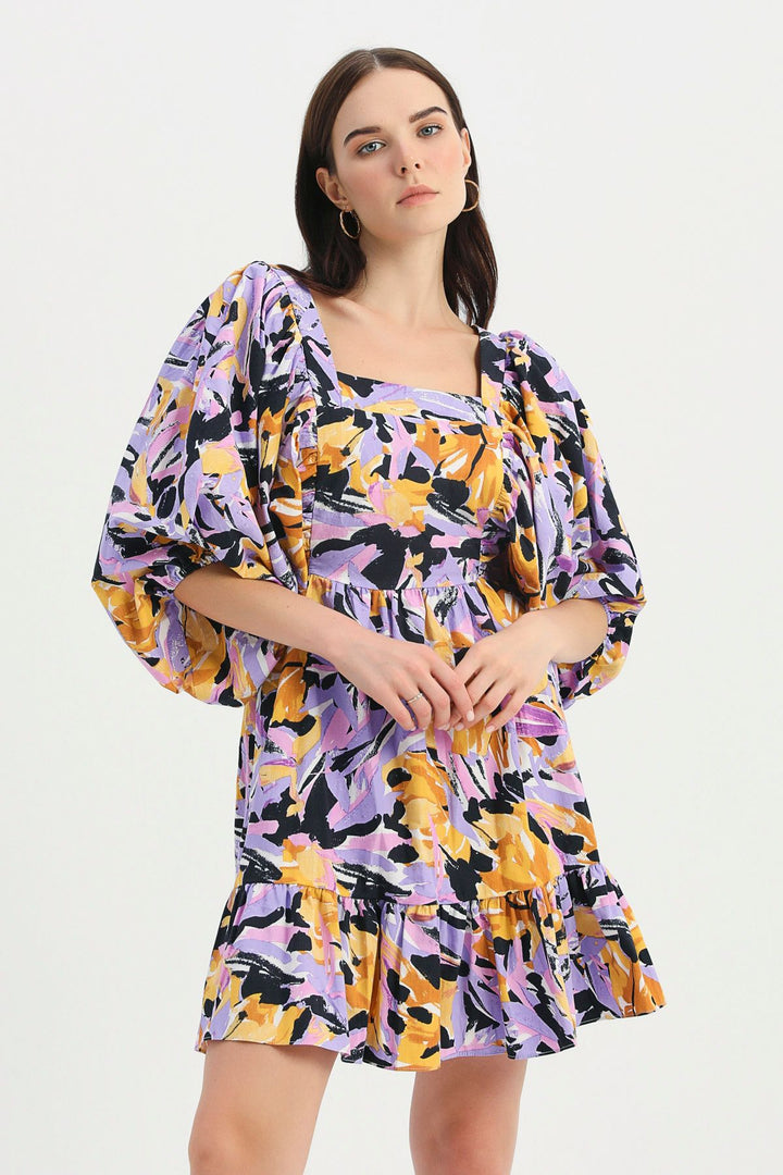 Patterned Backless Balloon Sleeve Dress Purple