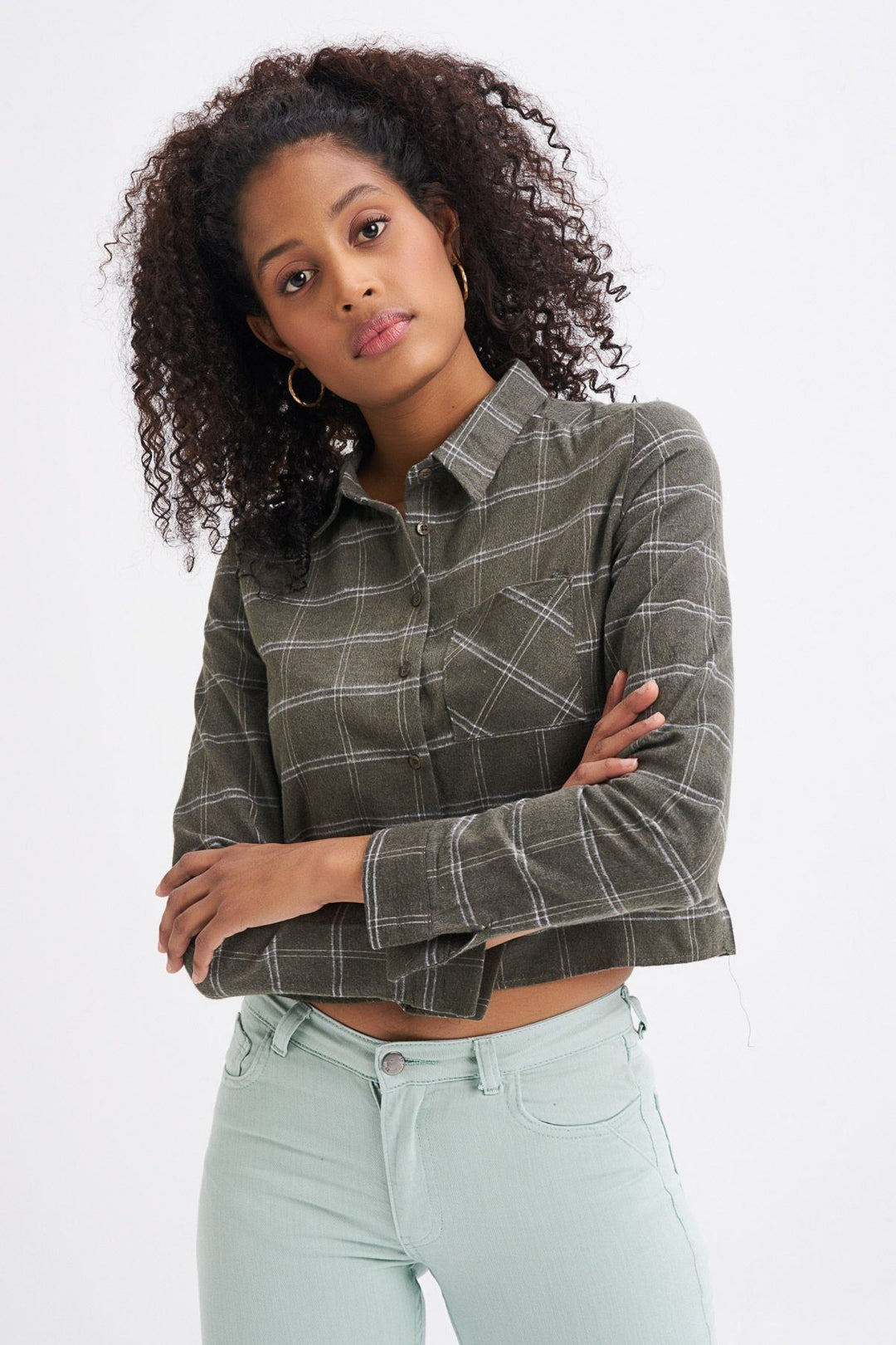 Tek Cepli Ekose Gömlek Haki