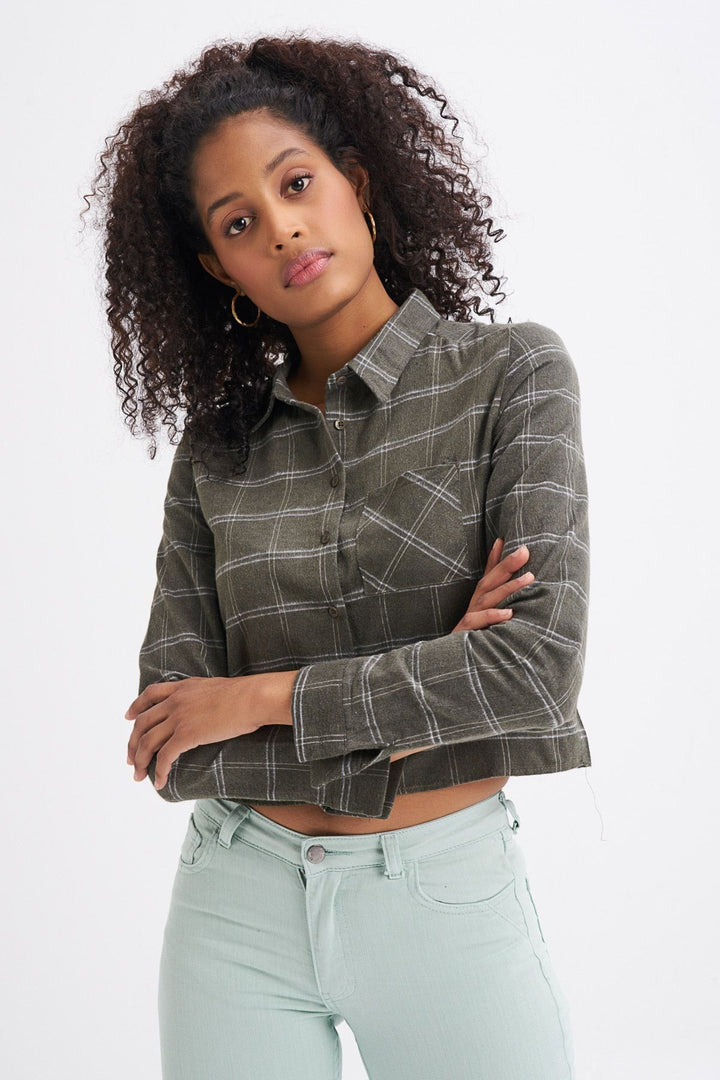 Tek Cepli Ekose Gömlek Haki