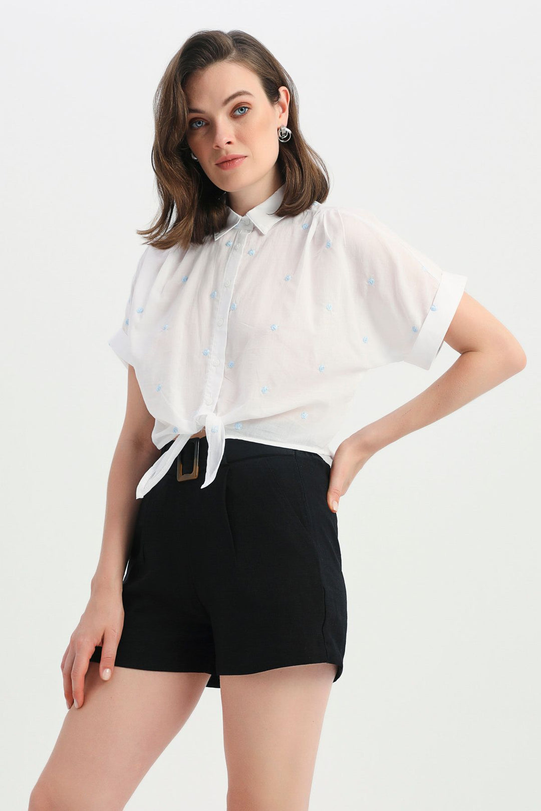 Front Tied Embroidered Shirt Baby Blue