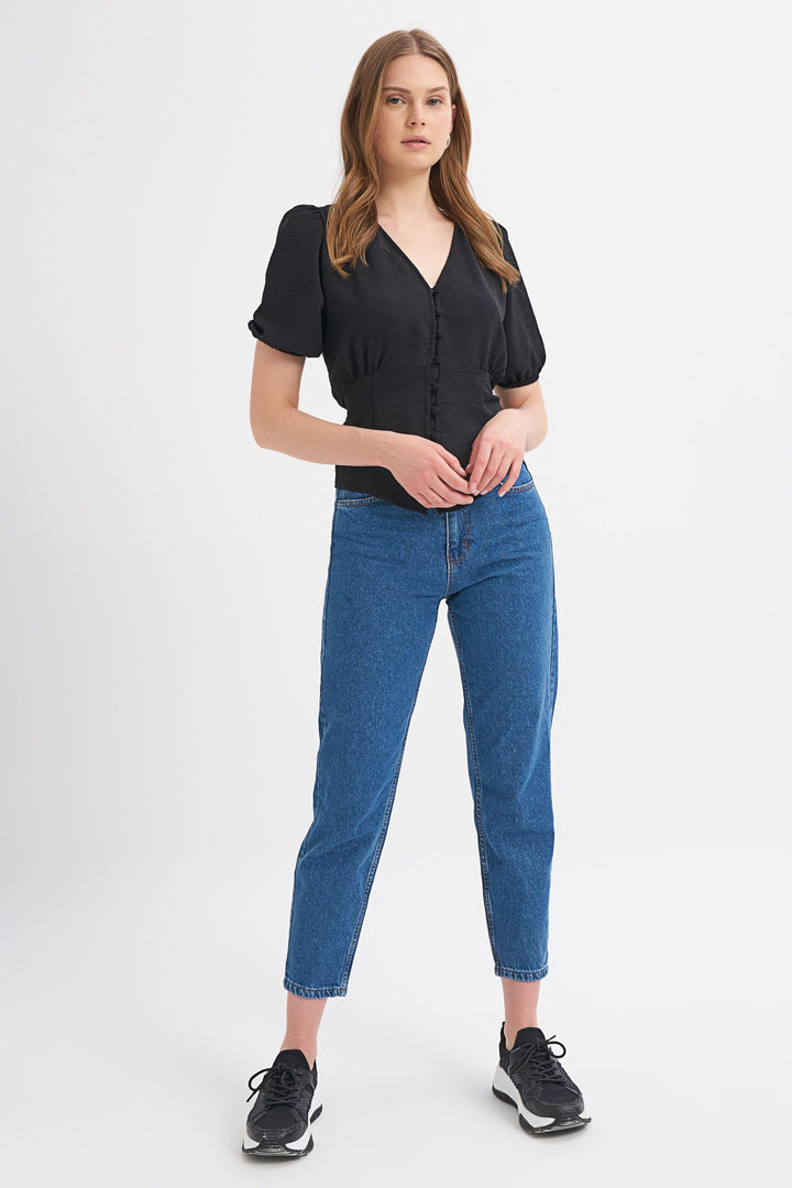 Balloon Sleeve Front Buttoned Tie Detailed Blouse Black