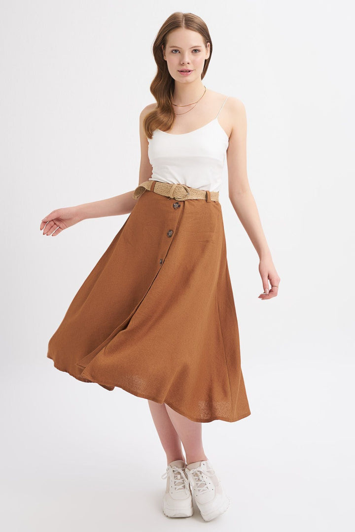 Belted Button Front Linen Skirt Brown