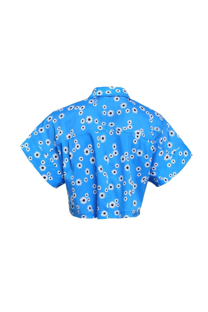 Çiçek Desenli Crop Gömlek Mavi