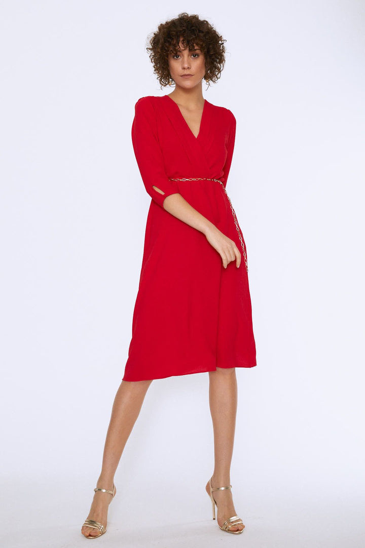 Chain Belt Double Breasted Dress Red