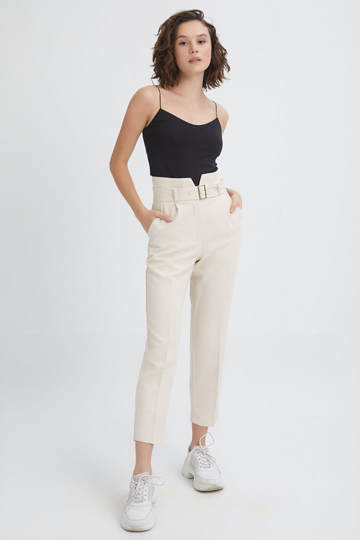 Belted High Waist Casual Trousers Bone