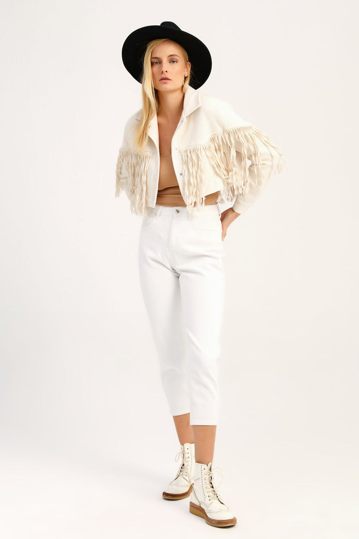 Püsküllü Crop Ceket Ekru