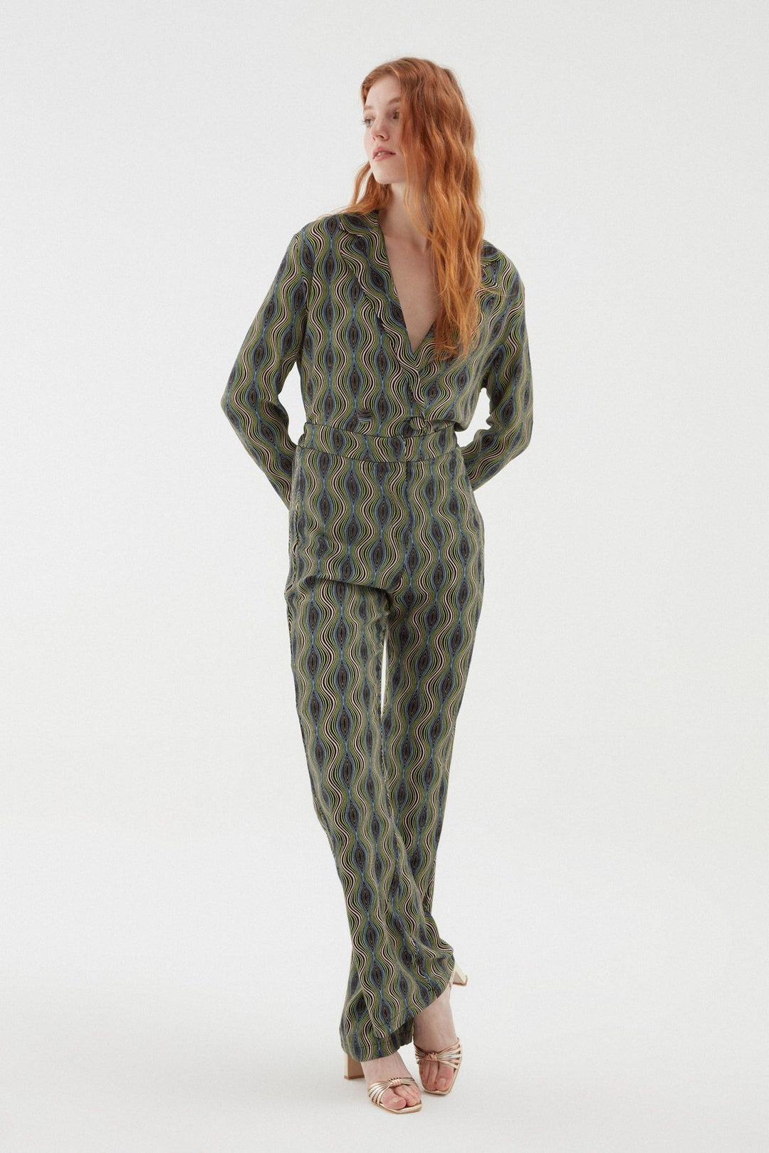 Desenli Bol Paça Pantolon Yeşil