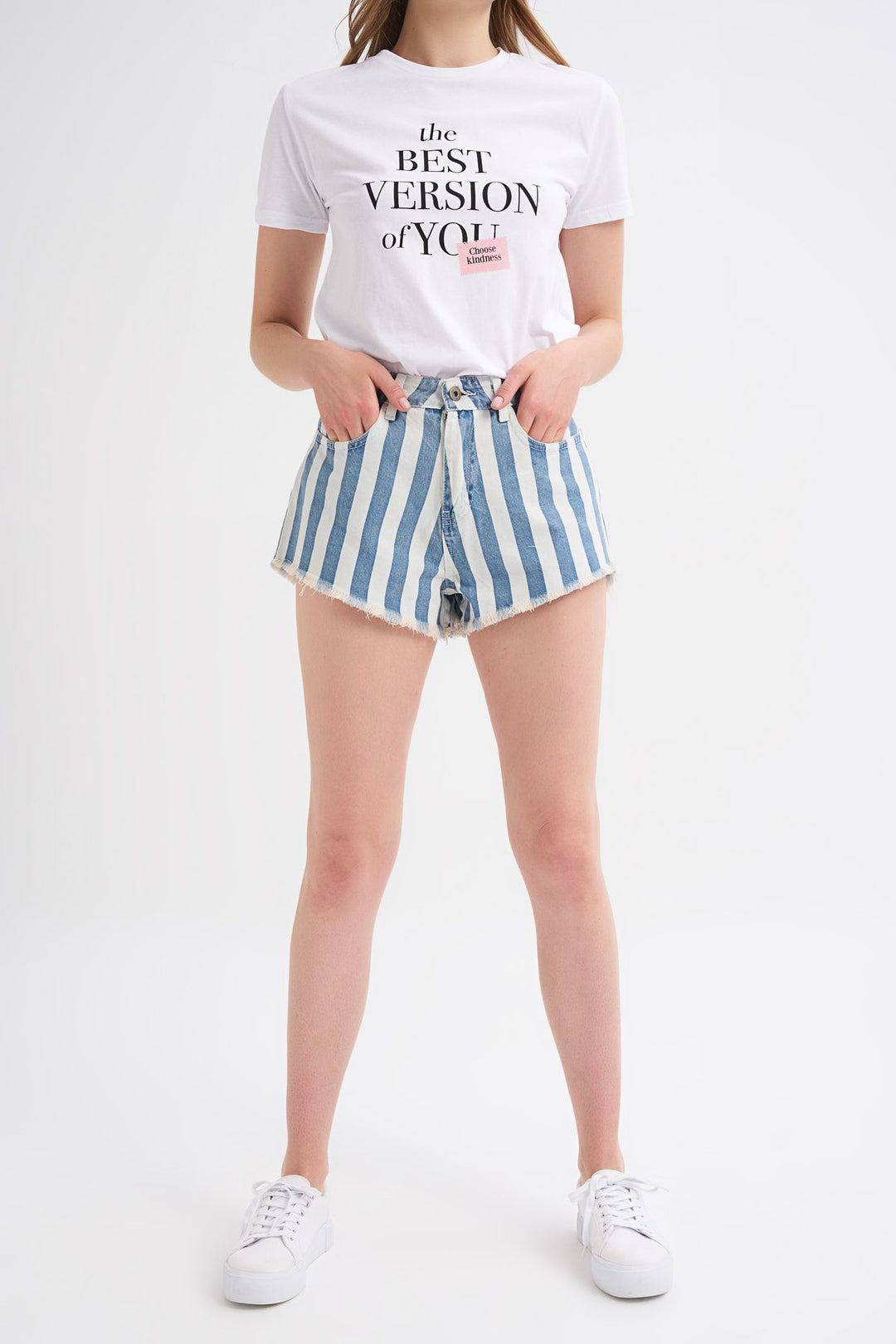 Striped Short Denim Shorts Blue