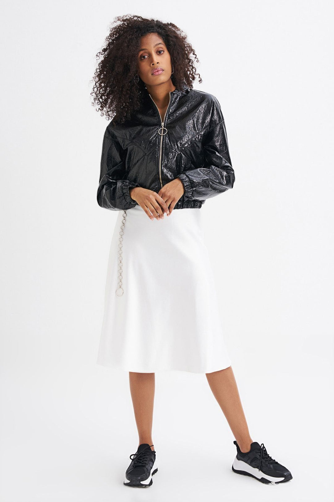 Kolları Lastikli Fermuarlı Deri Ceket Siyah