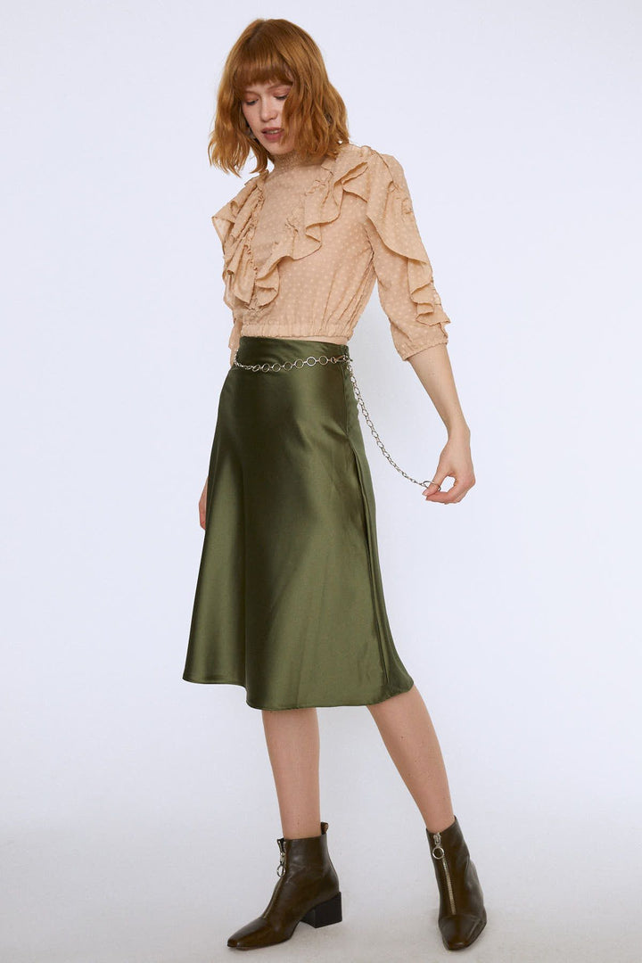 Fırfırlı Beli Lastikli Crop Bluz Bej