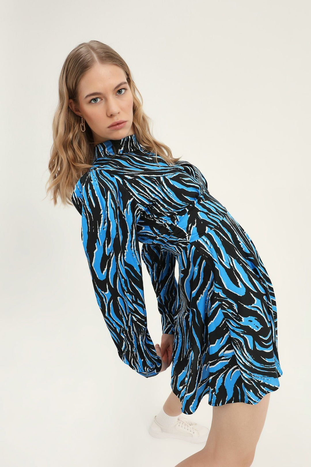 Patterned Low Back Satin Dress Blue