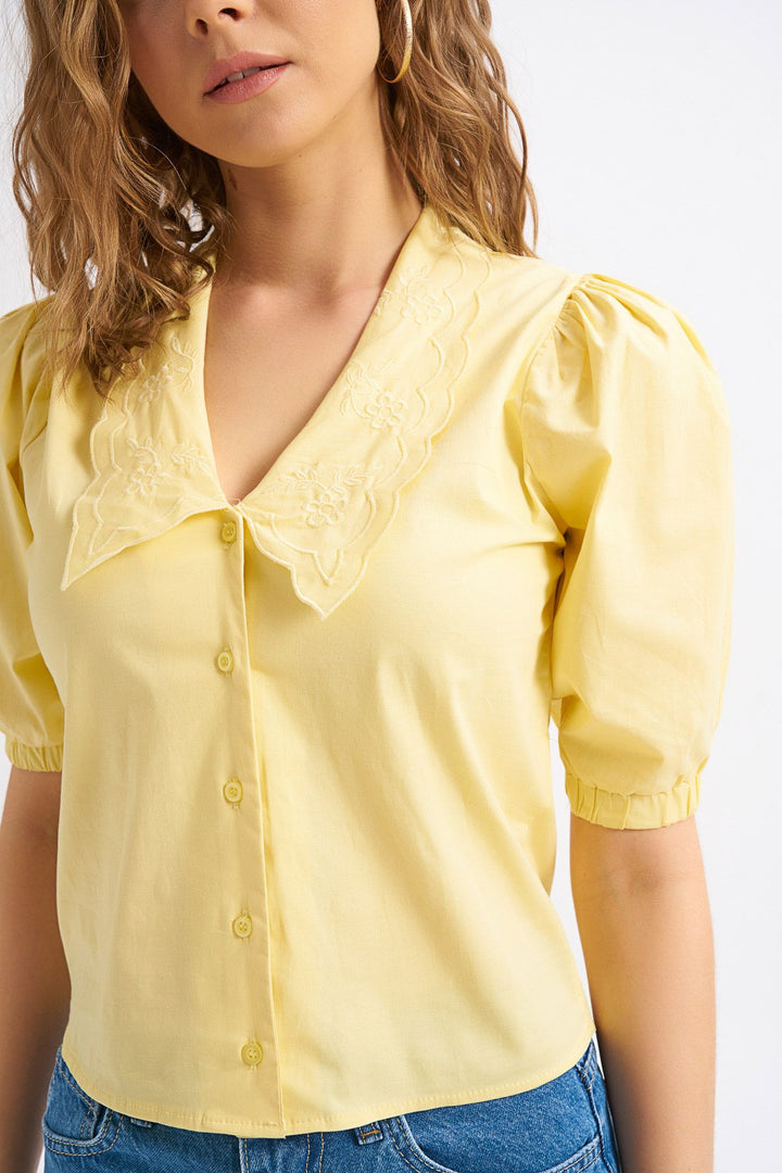 Yellow Shirt with Embroidered Collar