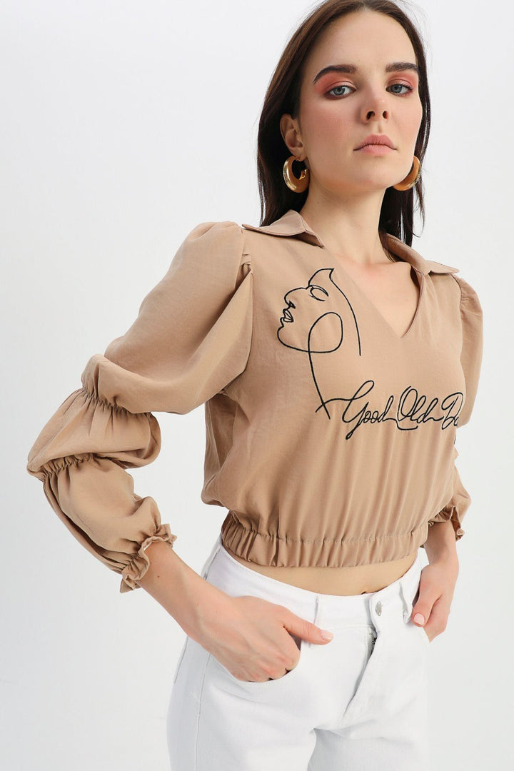 Embroidered V Neck Blouse Camel