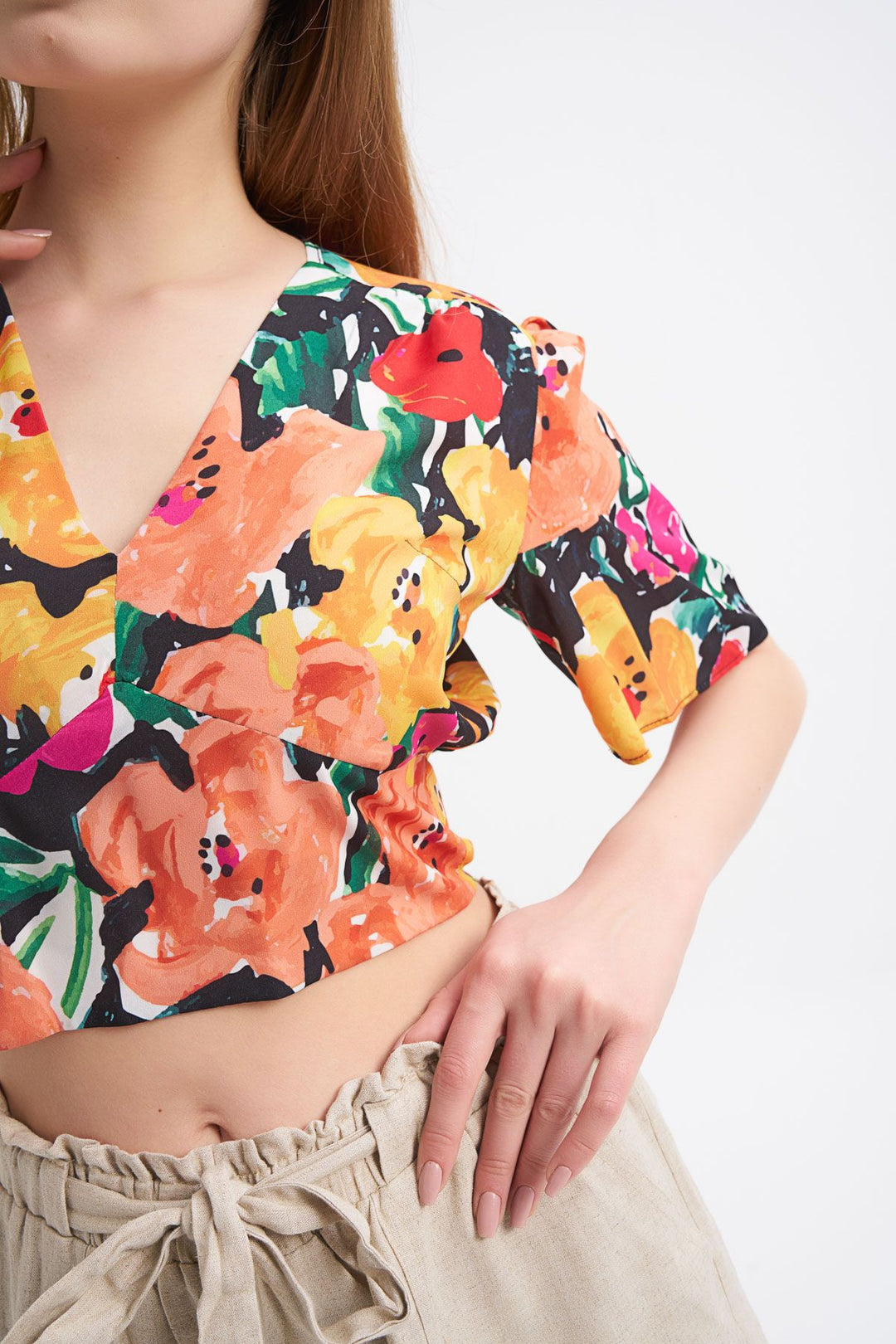 Patterned Tie Back Flywheel Sleeve Blouse Orange