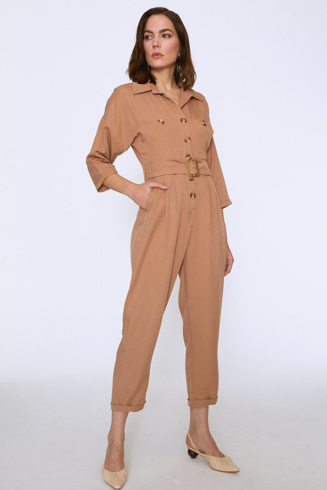 Beli Kuşaklı V Yaka Tulum Bej