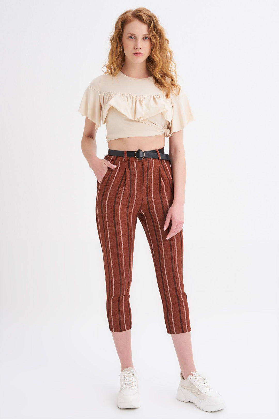 Belted Striped Trousers Brown