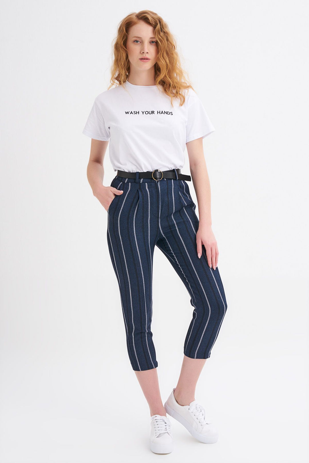 Belted Striped Trousers Navy