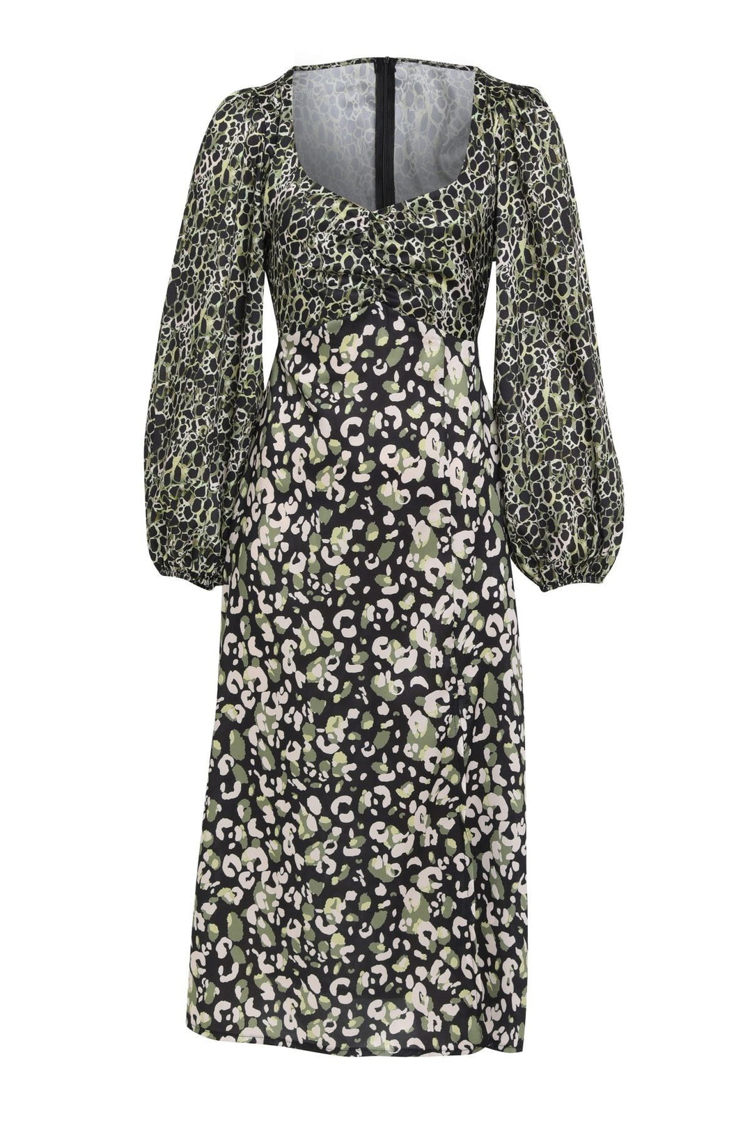 Balloon Sleeve Slit Satin Dress Green