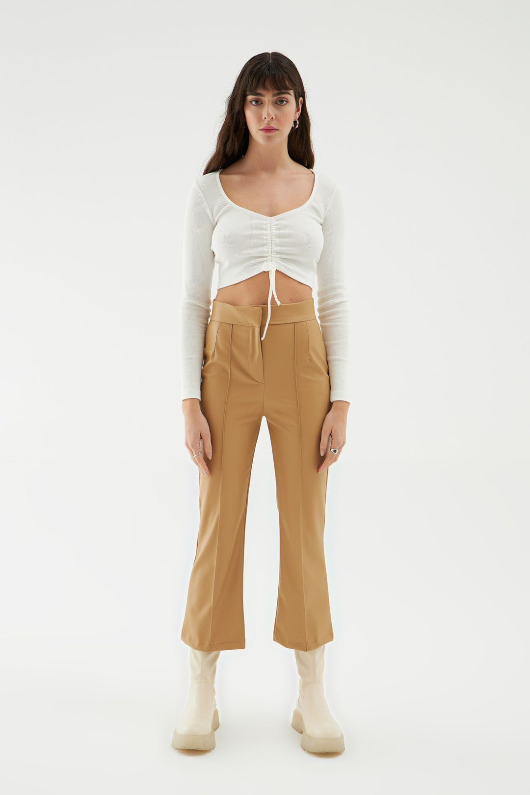 High Waist Leather Pants Dark Beige