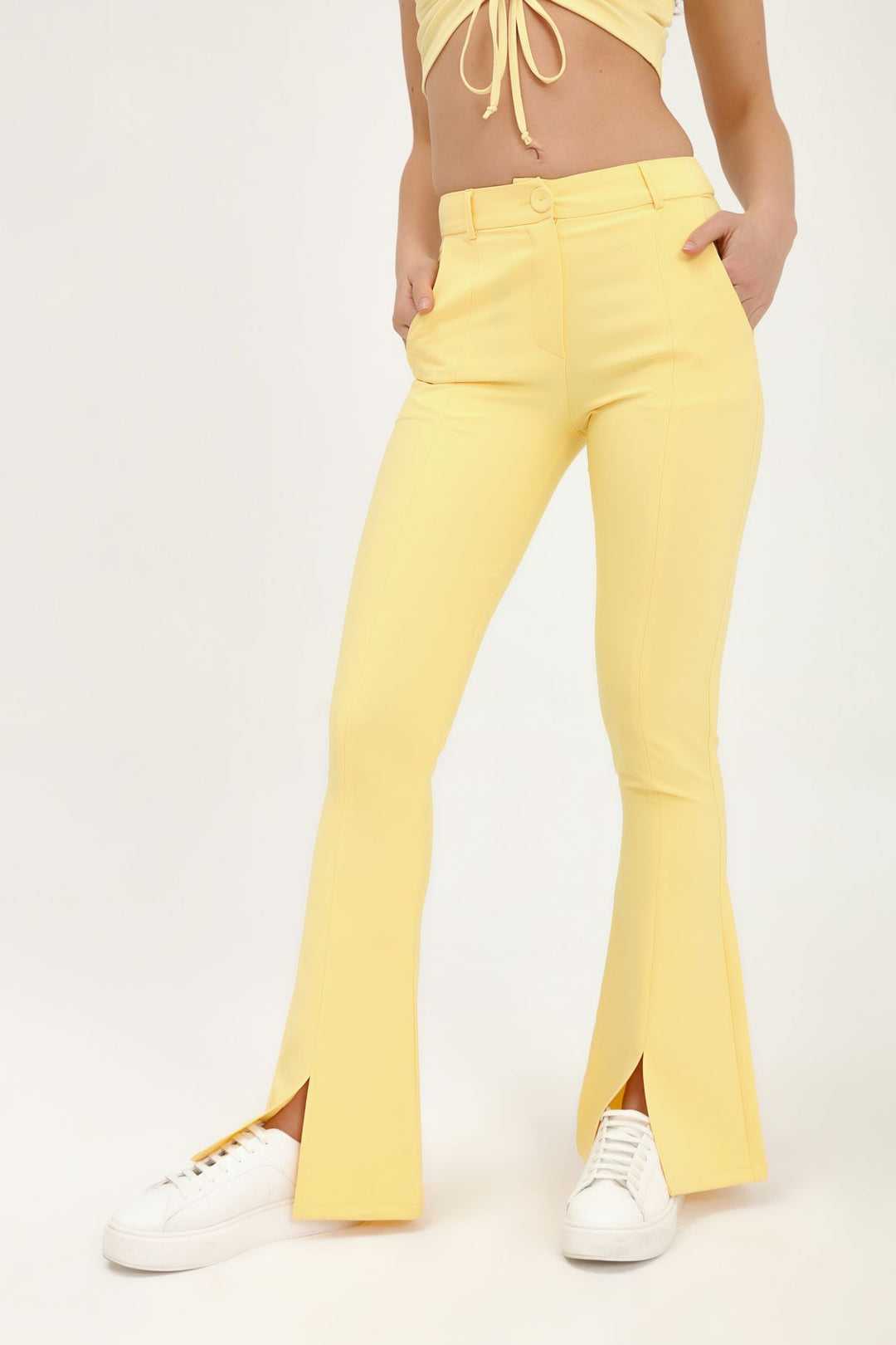 İspanyol Paça Yüksek Bel Pantolon Sarı
