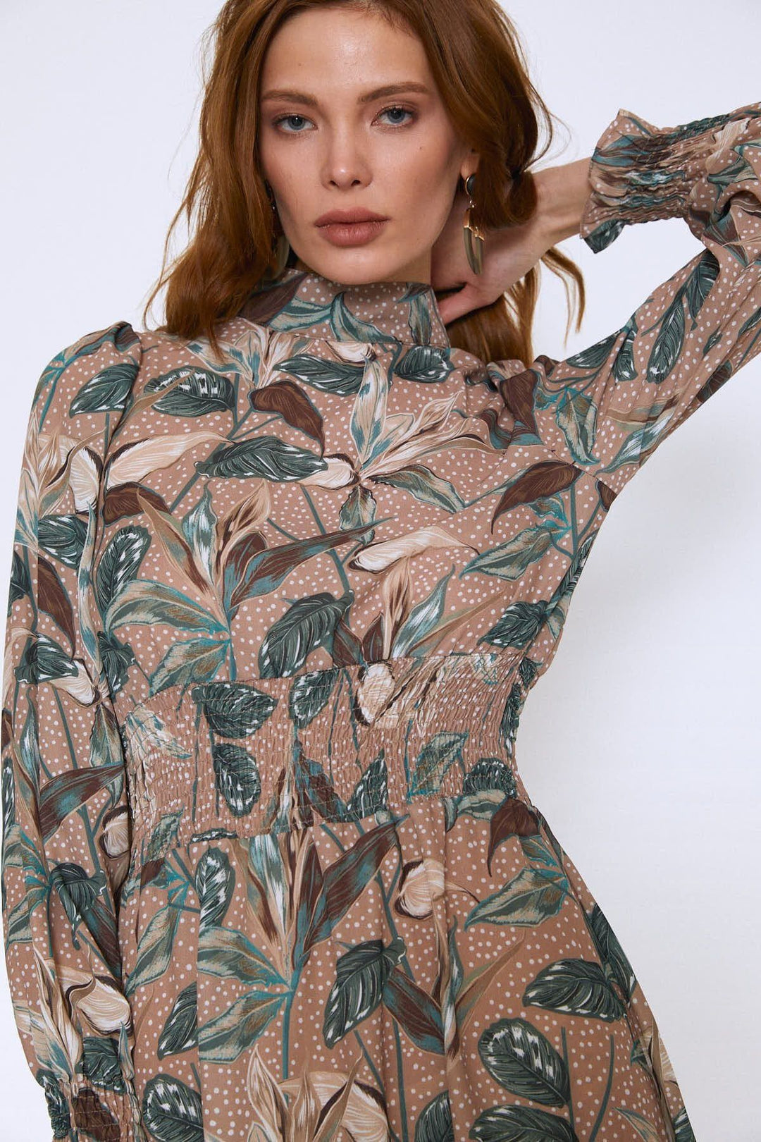 Floral Pattern Dress Camel