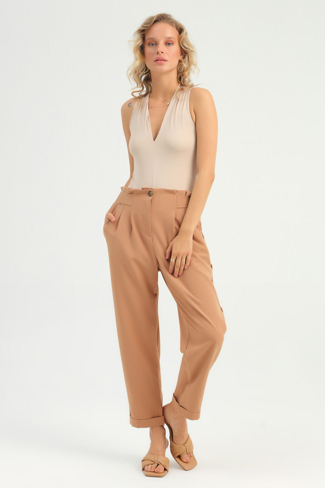 V Neck Bodysuit Beige