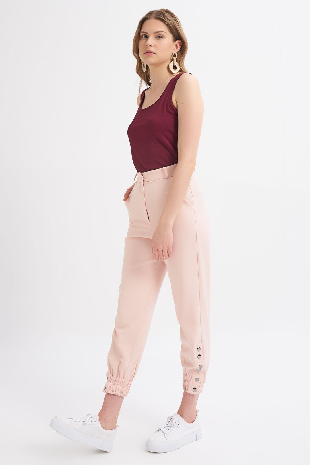 Paçası Çıtçıtlı Jogger Pantolon Pudra