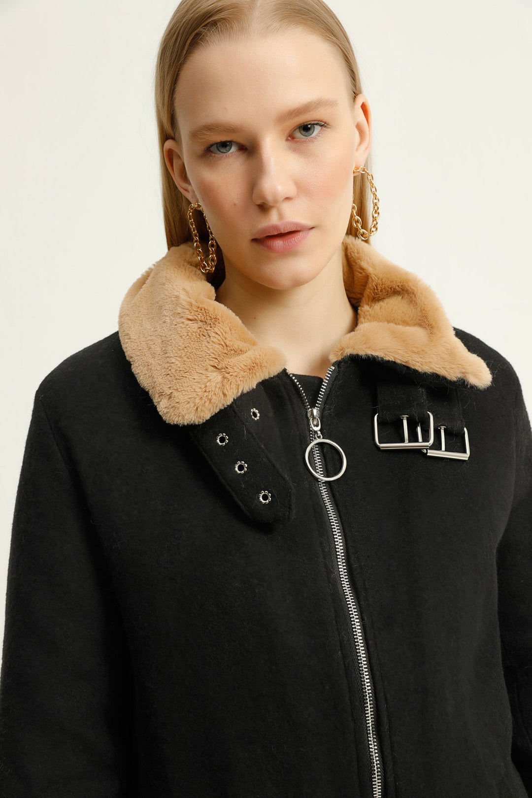 Furry Collar Zippered Coat Black