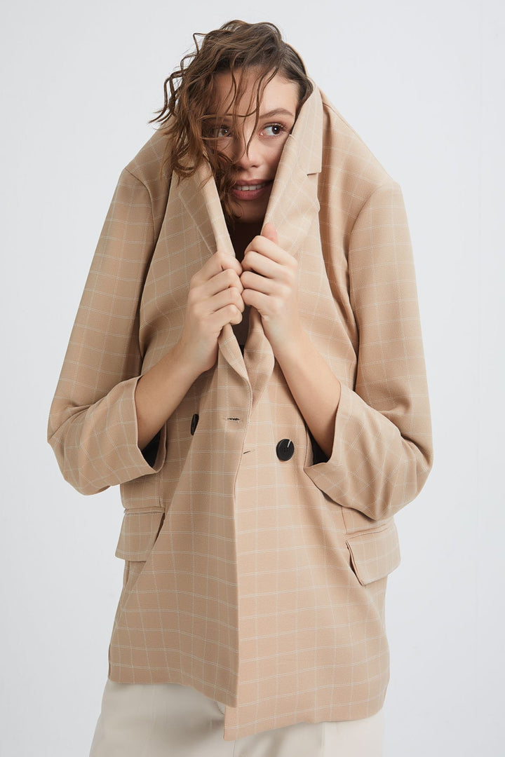 Kareli Oversize Blazer Ceket Bej