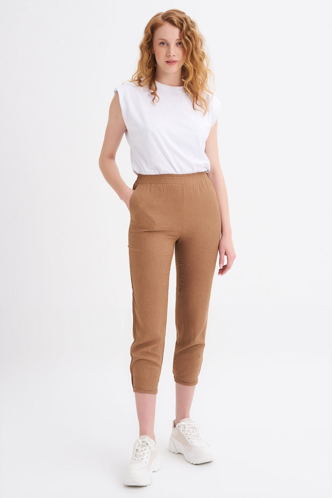 Beli Lastikli Keten Pantolon Kahverengi