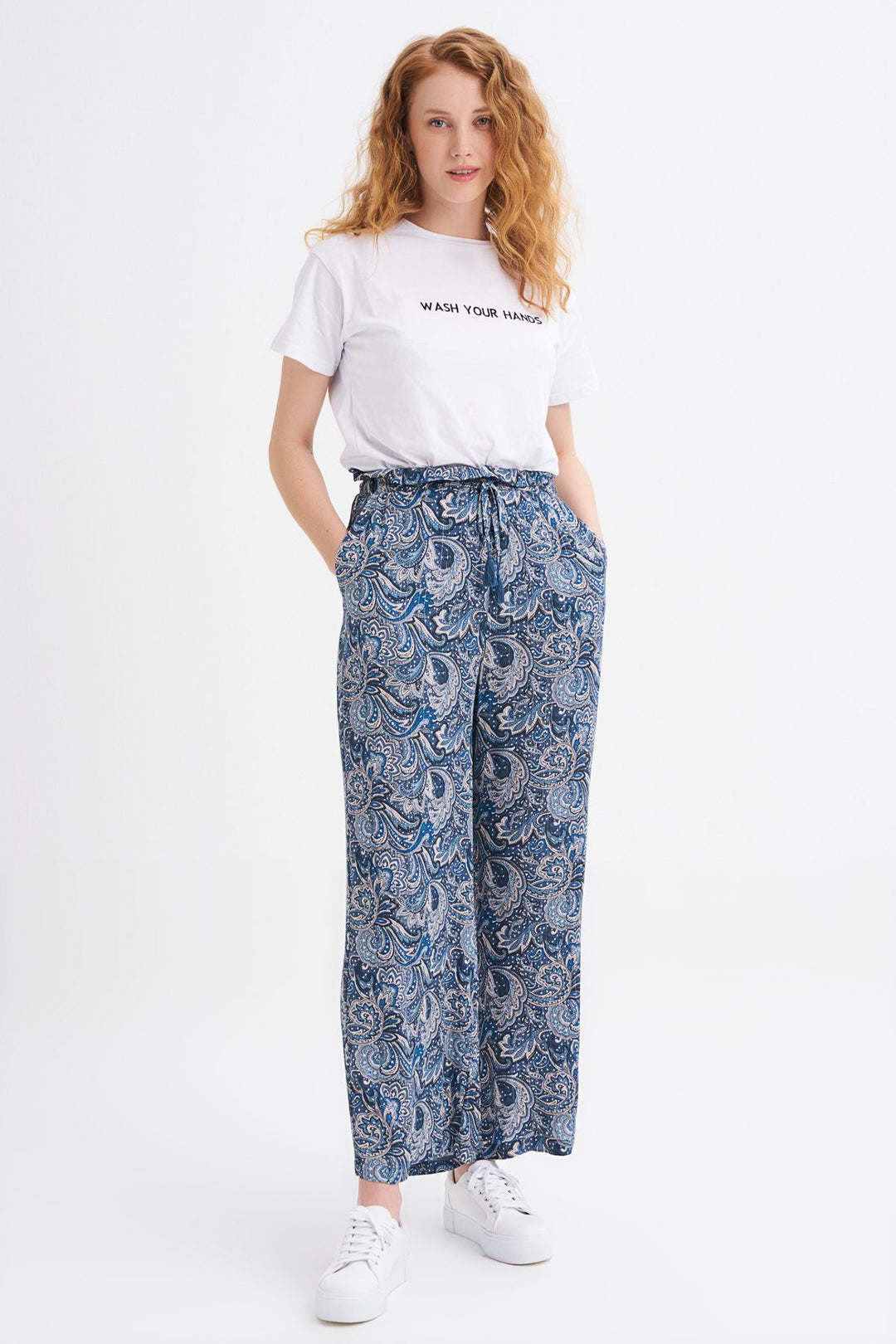 Elastic Waist Wide Leg Trousers Indigo