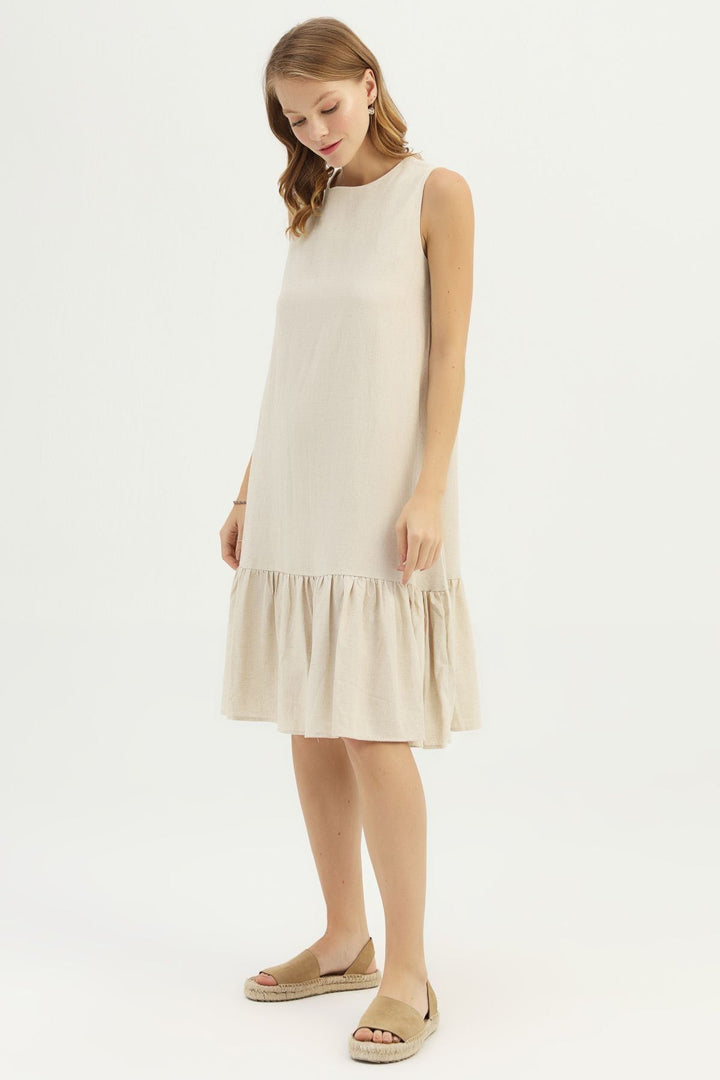 Frilly Hem Linen Dress Natural