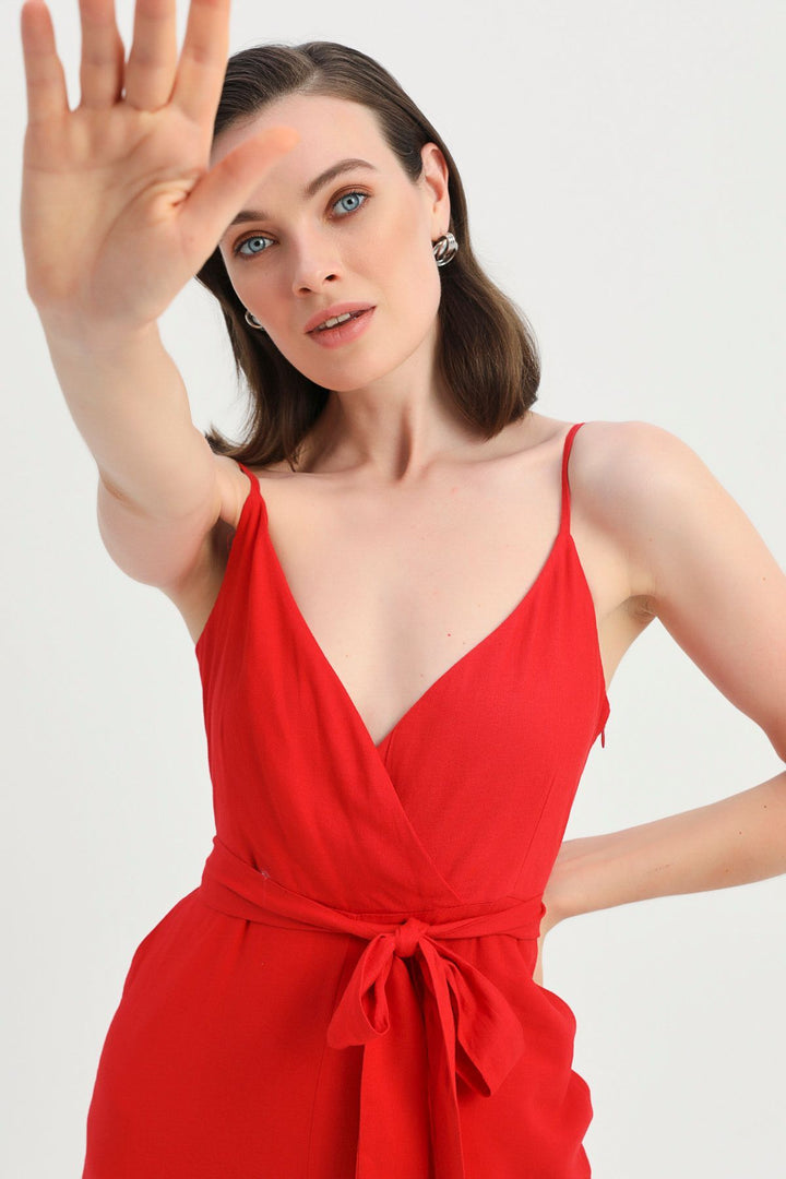 Strap Waist Belted Linen Jumpsuit Red