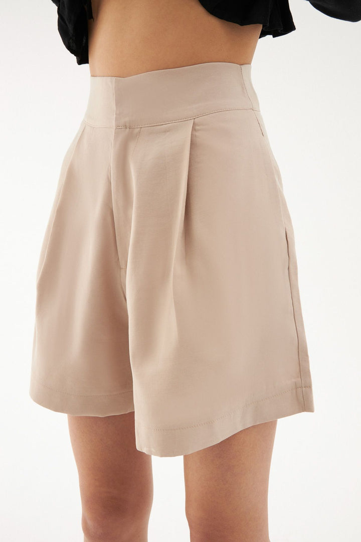 High Waist Pleat Detailed Shorts Stone