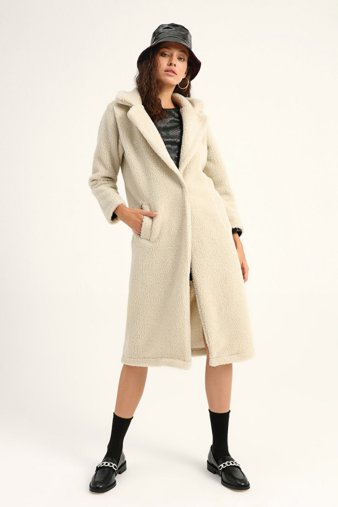 Plush Single Button Coat Ecru