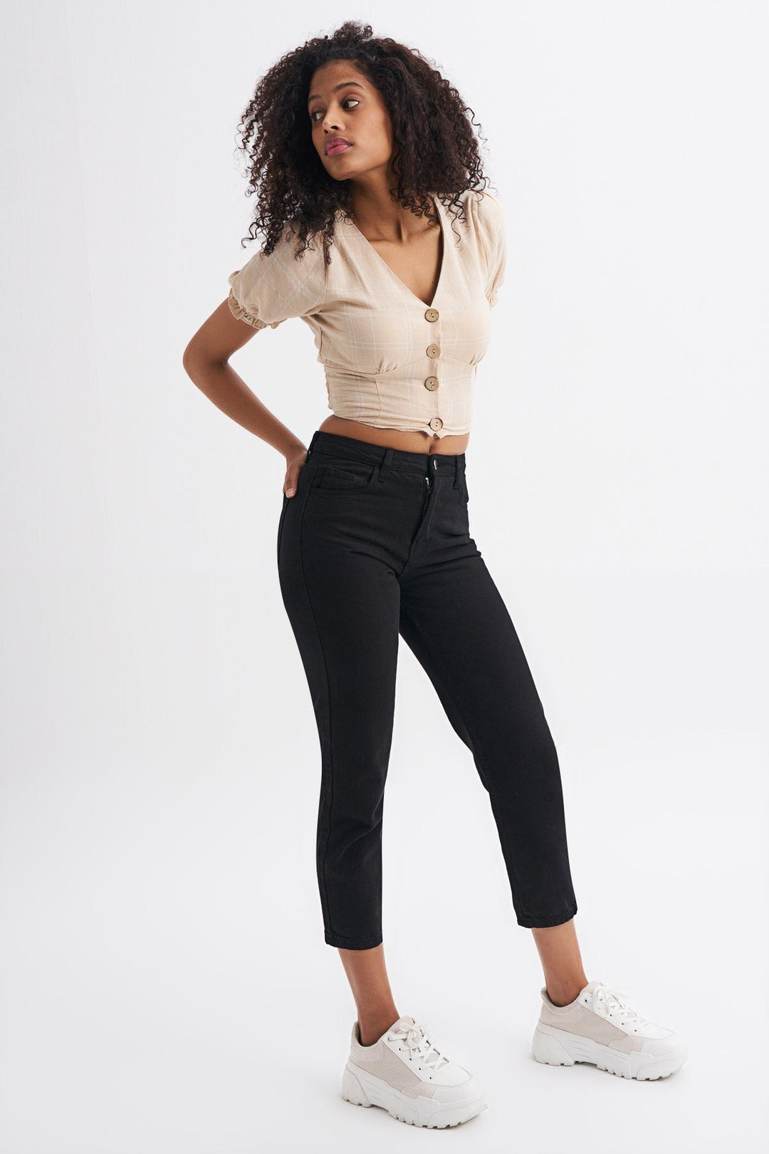 V Neck Plaid Linen Blouse Beige