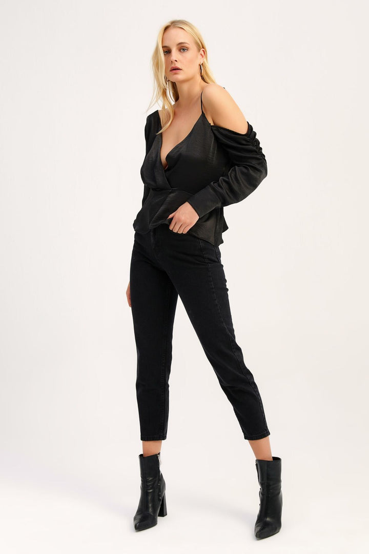 Tek Omuz Kruvaze Bluz Siyah