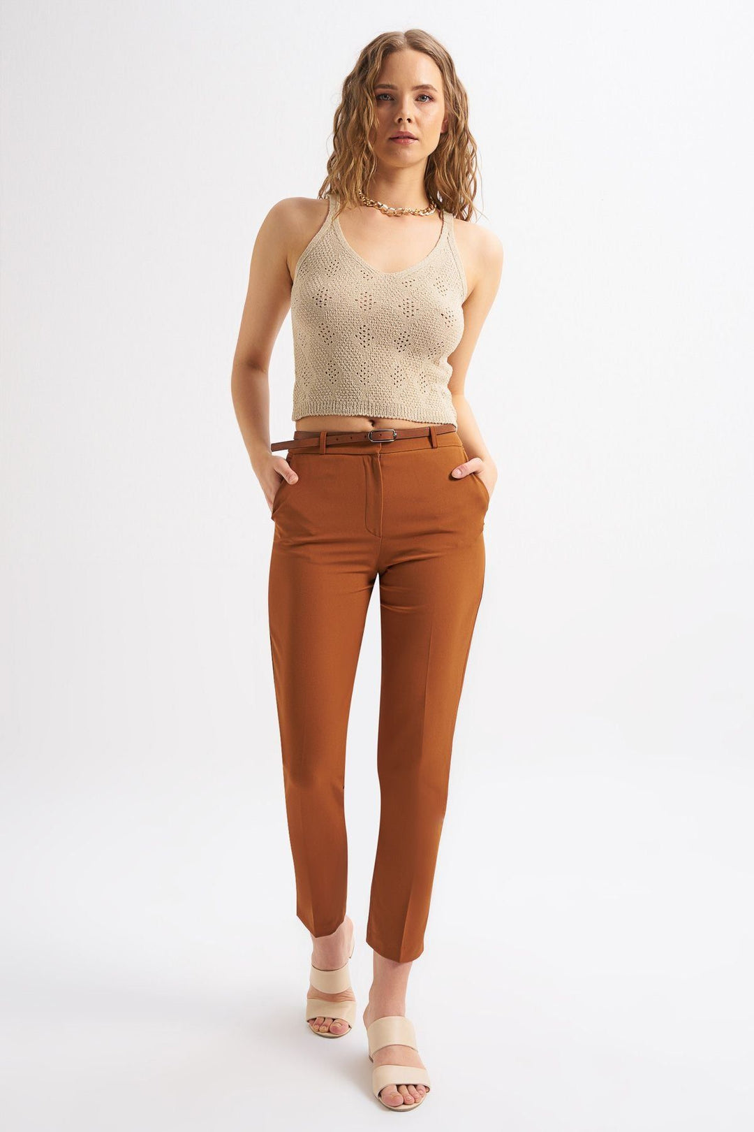 Waist Belt Short Leg Trousers Tan