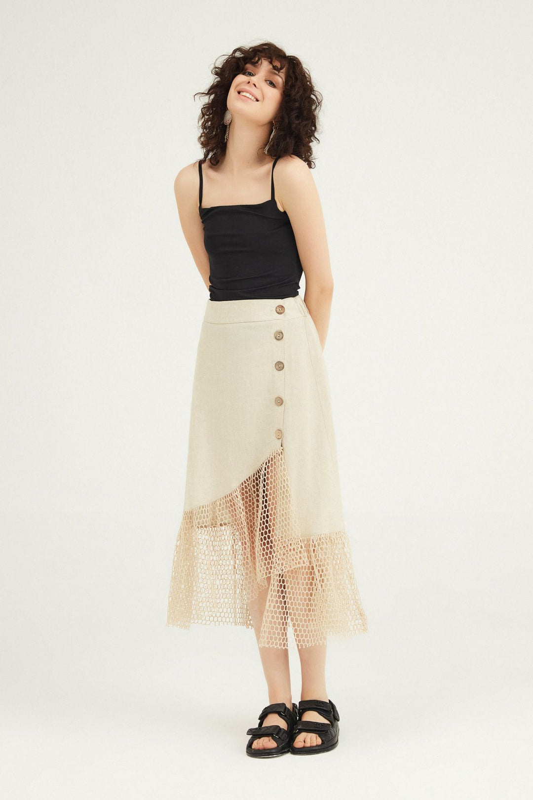 Mesh Detailed Buttoned Linen Skirt Natural