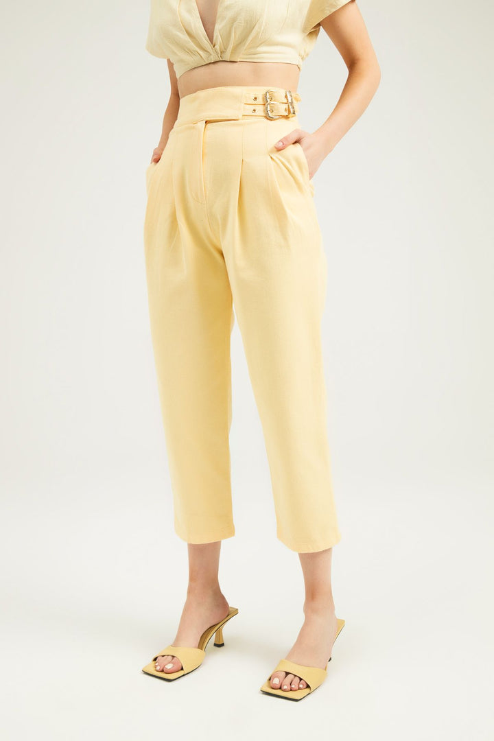 Tokalı Gabardin Yüksek Bel Pantolon Sarı