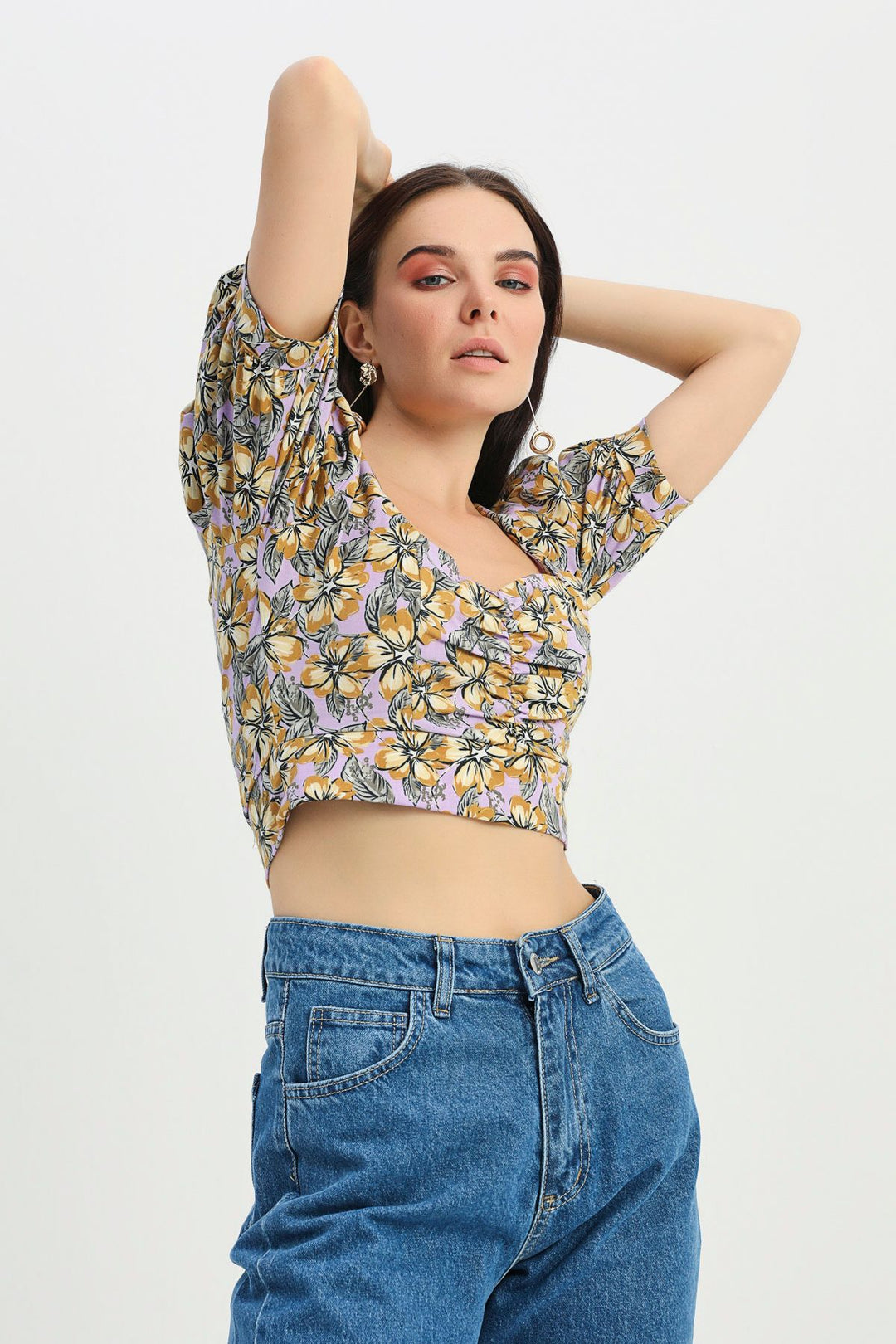 Floral Patterned Balloon Sleeve Crop Blouse Lilac