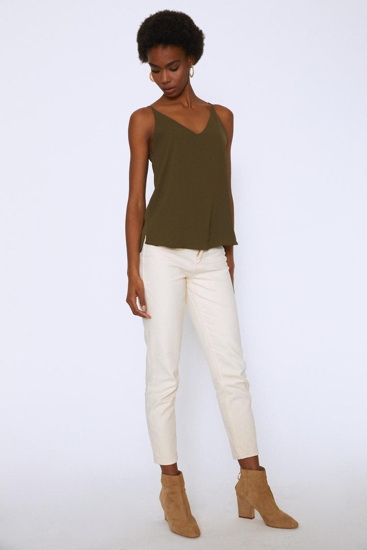String Strap V Neck Blouse Khaki