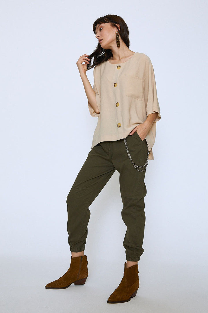 Düğmeli Oversize Bluz Taş