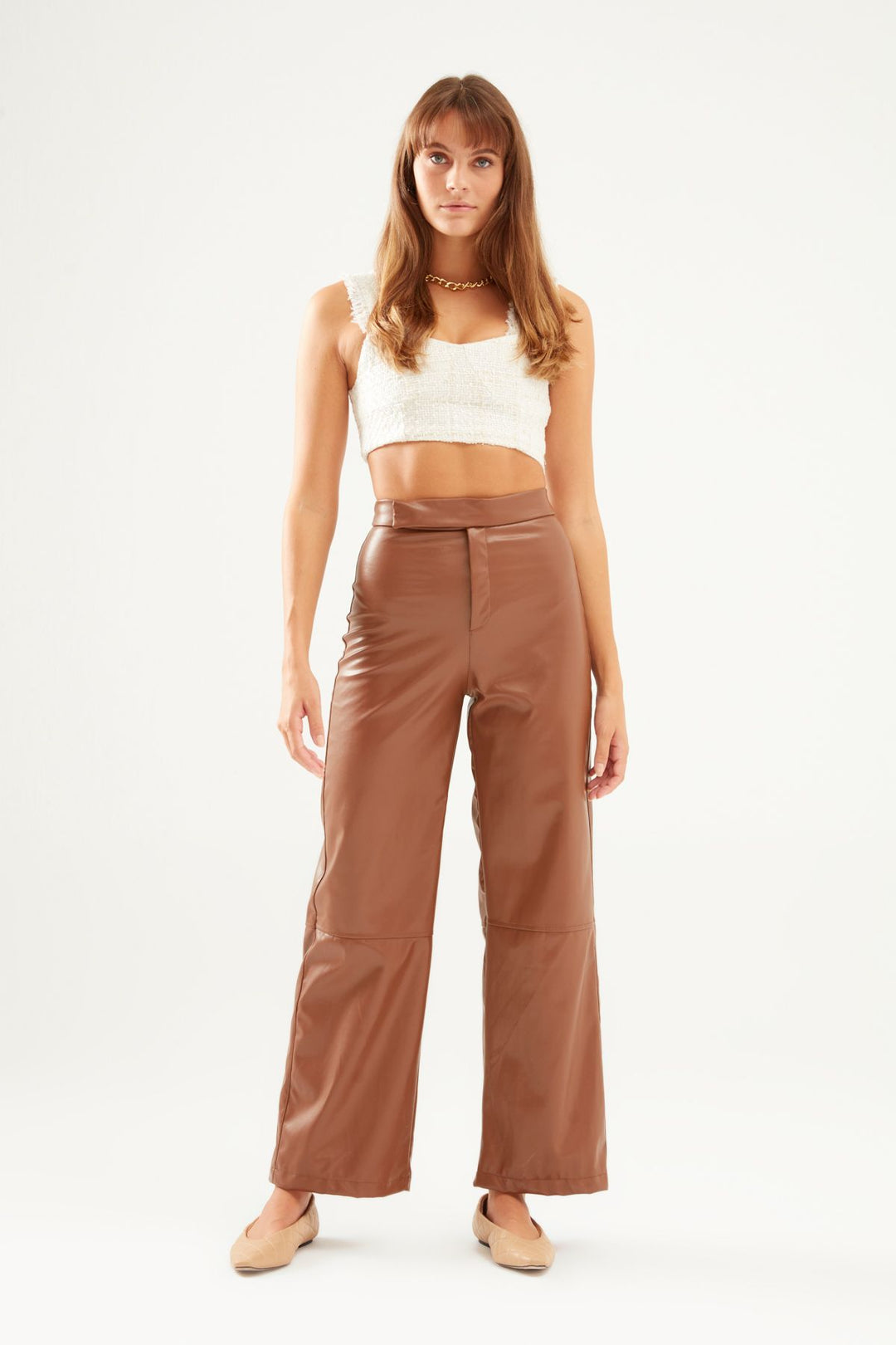 Geniş Paça Deri Pantolon Camel