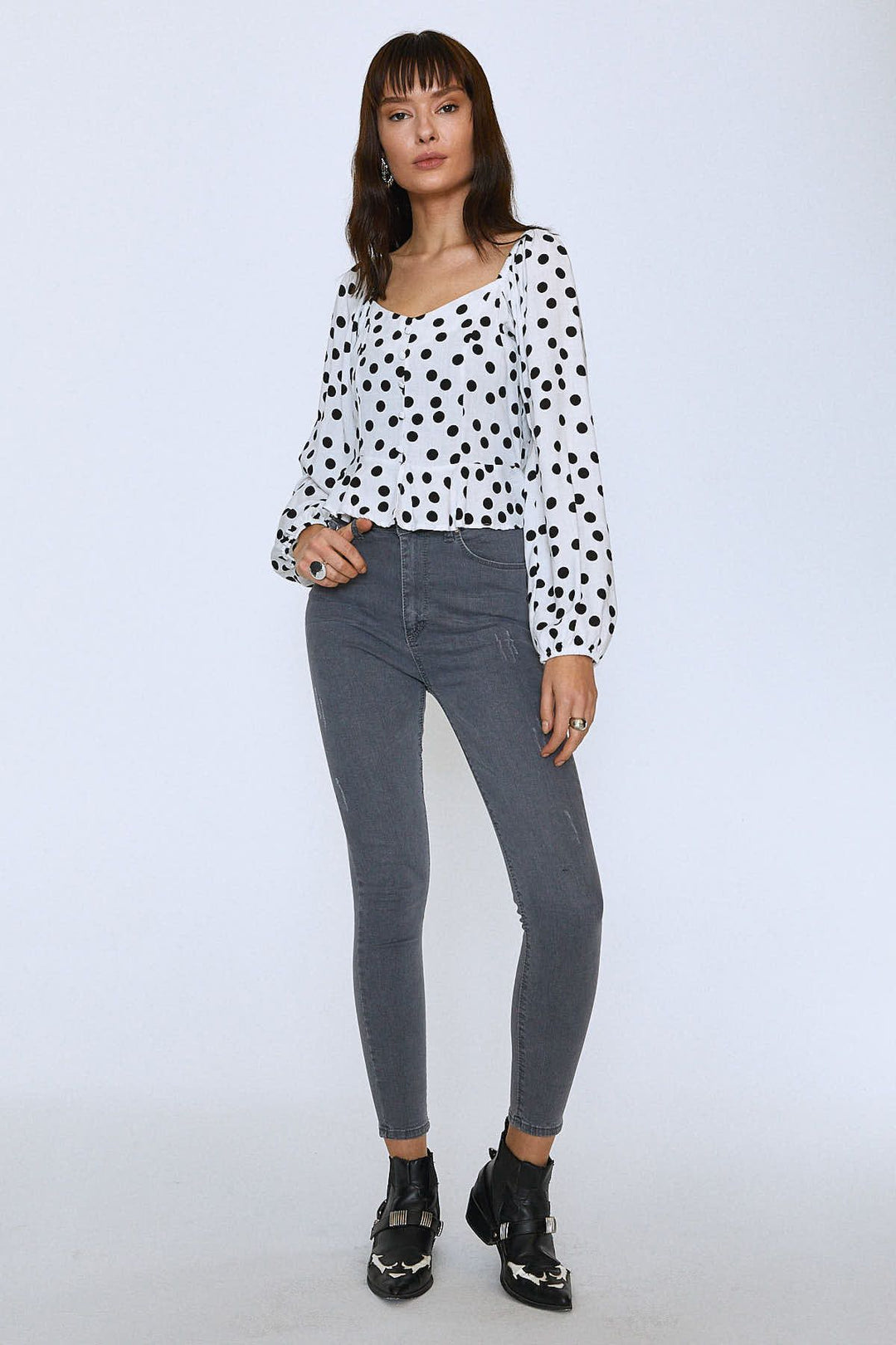 Önü Düğmeli Peplum Bluz Siyah