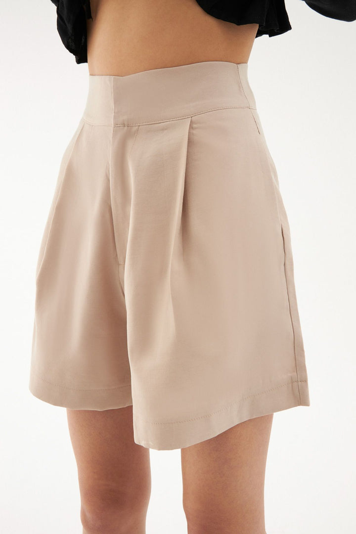 High Waist Pleat Detailed Shorts Stone